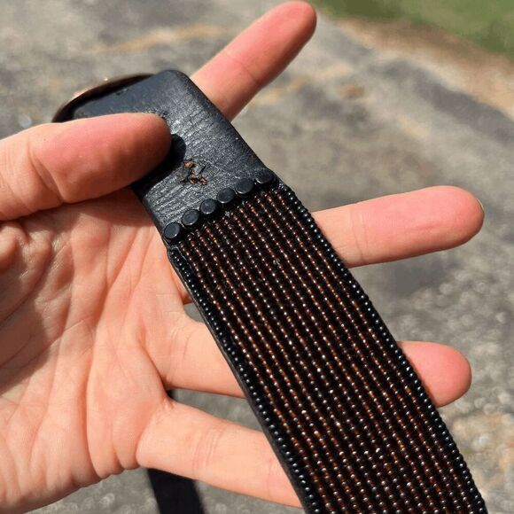 Vintage 1970s Full-grain Leather Bead Embellished Belt Unisex Solid Brass Buckle - Picture 10 of 10